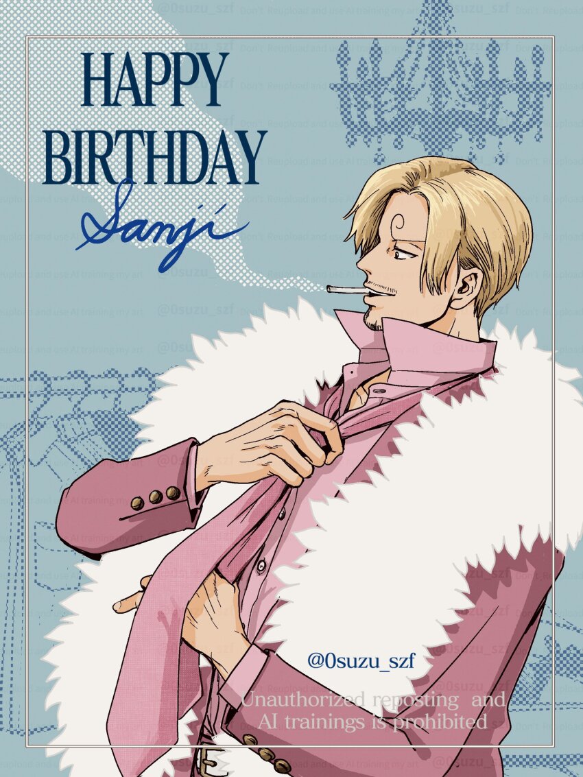 0suzu_szf 1boy adjusting_clothes adjusting_necktie artist_name blonde_hair character_name cigarette copyright_request formal_clothes happy_birthday highres male_focus necktie one_piece pink_suit sanji_(one_piece) signature smoking solo suit twitter_username