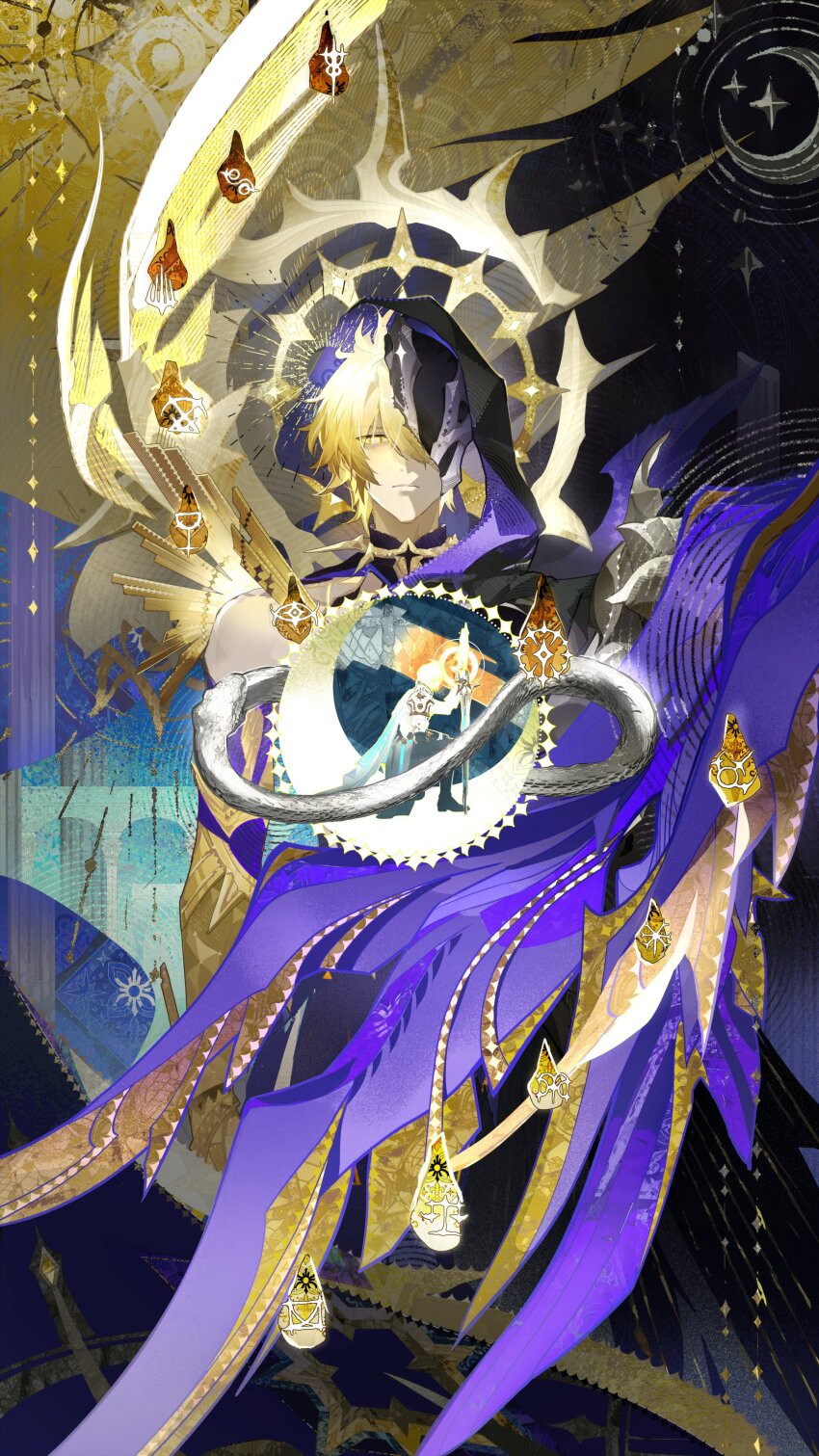 3boys absurdres alternate_form asymmetrical_wings black_cloak black_pants black_shirt black_wings blonde_hair blue_cape cape cloak coat commentary coreflame_(honkai:_star_rail) cracked_skin dark_persona english_commentary flame_reaver_of_the_deepest_dark hair_between_eyes halo halo_behind_head highres holding holding_sword holding_weapon honkai:_star_rail honkai_(series) hood hood_up hooded_cloak male_focus material_growth multiple_boys on_one_knee pants phainon_(honkai:_star_rail) shirt short_hair sword torn_clothes torn_shirt weapon white_coat white_hair wings xiniu_kuangben_bawanli yellow_blood yellow_eyes yellow_wings