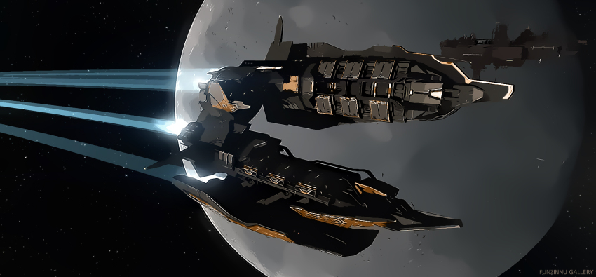 amarr_empire_(eve_online) artist_name commentary crucifier_(eve_online) electronic_warfare_ship_(eve_online) eve_online flying frigate_(eve_online) funzinnu glowing highres military_vehicle no_humans outdoors planet science_fiction sky space space_station spacecraft star_(sky) starry_sky vehicle_focus