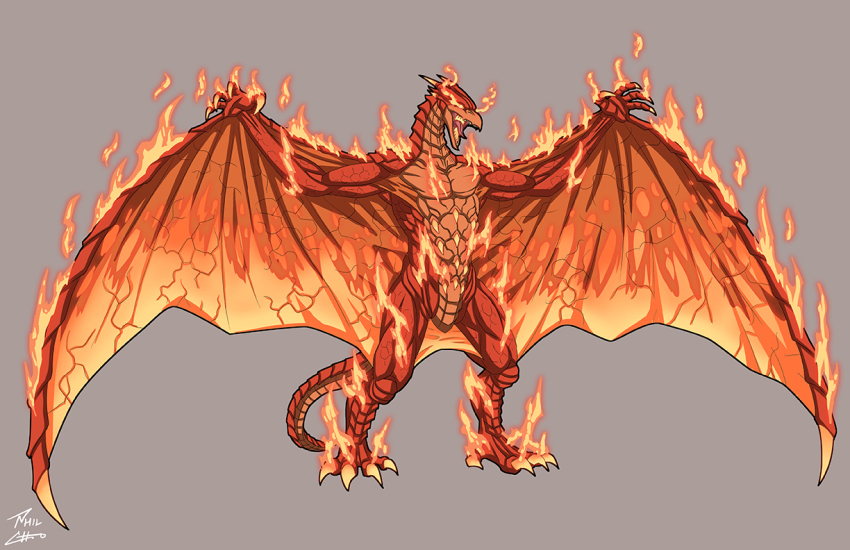 claws colored_teeth energy fangs fire full_body giant giant_monster glowing glowing_claws glowing_eyes glowing_horns glowing_mouth glowing_wings godzilla_(series) horns kaiju monster no_humans orange_eyes orange_teeth phil-cho pterosaur pyrokinesis rodan scales sharp_teeth tail teeth toho wings