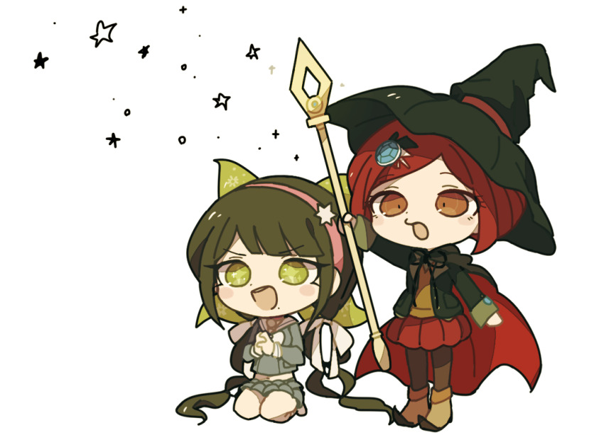 +_+ 2girls bell black_cape black_hair black_hat black_jacket black_ribbon blazer blue_gemstone blue_serafuku blue_shirt blue_skirt blunt_bangs blunt_ends blush_stickers bob_cut boots bow bowtie breasts brown_eyes brown_footwear brown_vest bubble buttons cape casting_spell chabashira_tenko chibi choker collared_jacket commentary_request danganronpa_(series) danganronpa_v3:_killing_harmony excited eyelashes floral_print frilled_skirt frills full_body gem gem_hair_ornament green_bow green_eyes green_pupils grey_pantyhose hair_bow hair_ornament hair_spread_out hairband hat holding holding_staff jacket kneehighs kneeling long_hair long_sleeves looking_ahead low_twintails midriff miniskirt mole mole_under_mouth multiple_girls multiple_hair_bows navel neck_bell neck_ribbon no_shoes open_clothes open_jacket open_mouth own_hands_clasped own_hands_together pantyhose pink_choker pink_hairband pleated_skirt pocket pointy_footwear red_cape red_hair red_skirt ribbon ruri_(2620981) sailor_collar school_uniform serafuku shirt short_hair simple_background skirt skirt_set sleeves_past_wrists smile socks sparkle sparkling_eyes staff standing star_(symbol) teeth twintails two-sided_cape two-sided_fabric upper_teeth_only v-neck very_long_hair vest white_background white_bow white_bowtie white_sailor_collar white_shirt white_socks witch_hat yumeno_himiko