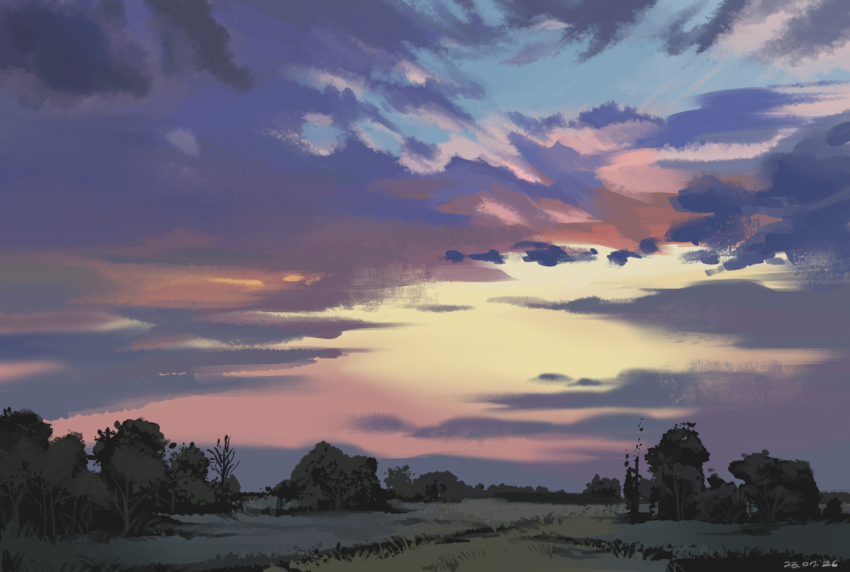 cloud dated dusk field no_humans no_lineart original outdoors painterly ruki32_32 scenery sky sky_focus sunlight tree