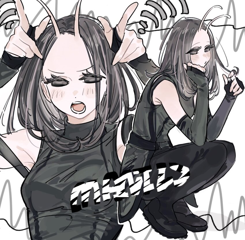 1girl animification antennae armpits arms_up bare_shoulders belt black_belt black_boots black_eyes black_gloves black_hair black_pants blush boots breasts bridal_gauntlets character_name closed_mouth commentary english_commentary fingerless_gloves full_body gloves grey_shirt guardians_of_the_galaxy hand_on_own_face hands_up highres looking_at_viewer mantis_(marvel) marvel marvel_cinematic_universe medium_breasts multiple_views nahnohk open_mouth pants shirt short_hair simple_background sleeveless sleeveless_shirt squatting teeth upper_body v-shaped_eyebrows white_background wi-fi_symbol