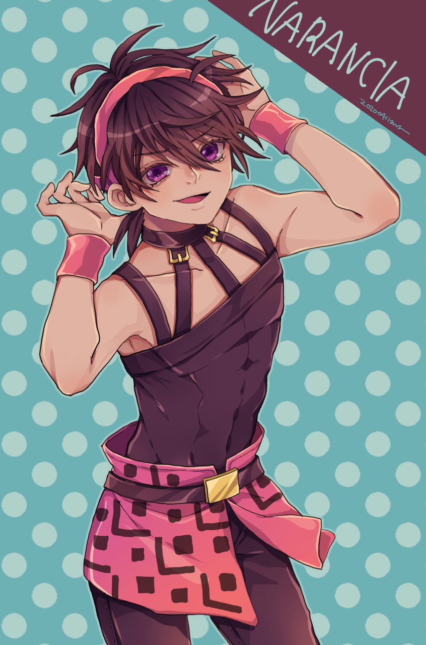 1boy abs belt black_hair buckle character_name choker collarbone hairband highres jojo_no_kimyou_na_bouken male_focus mikage_kazuki narancia_ghirga open_mouth pants pants_under_skirt purple_eyes shirt skirt smile solo vento_aureo wristband