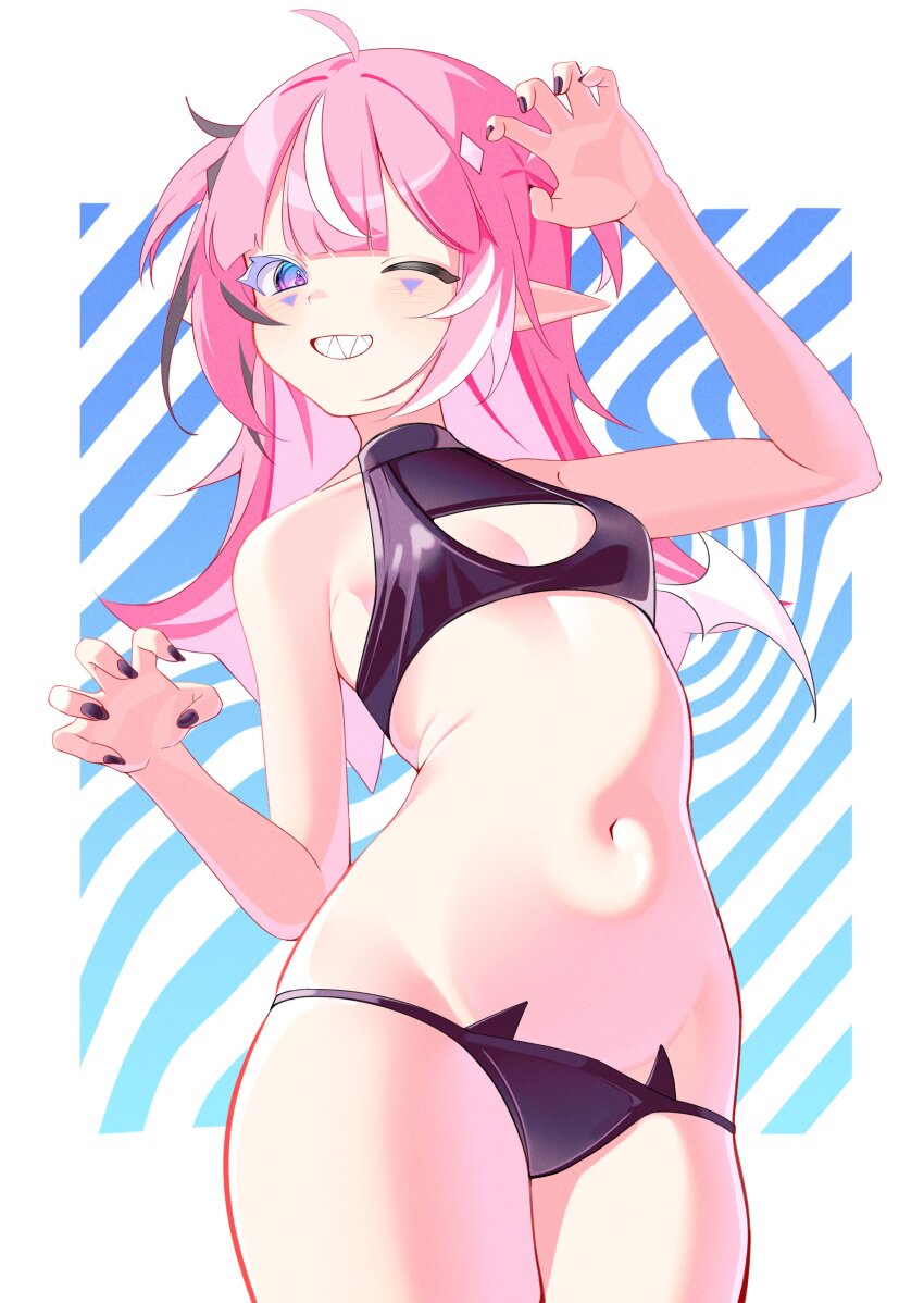 1girl absurdres ahoge bare_shoulders bikini black_bikini black_hair black_nails black_streaks blush breasts camila_(vtuber) claw_pose cleavage colored_eyelashes cowboy_shot demon_girl demon_wings diamond_facial_mark facial_mark halterneck highres indie_virtual_youtuber long_hair looking_at_viewer mats_kuro mismatched_eyelashes multicolored_hair nail_polish navel one_eye_closed open_mouth pink_hair pointy_ears purple_eyes sharp_teeth small_breasts solo standing streaked_hair swimsuit teeth virtual_youtuber white_hair white_streaks wings