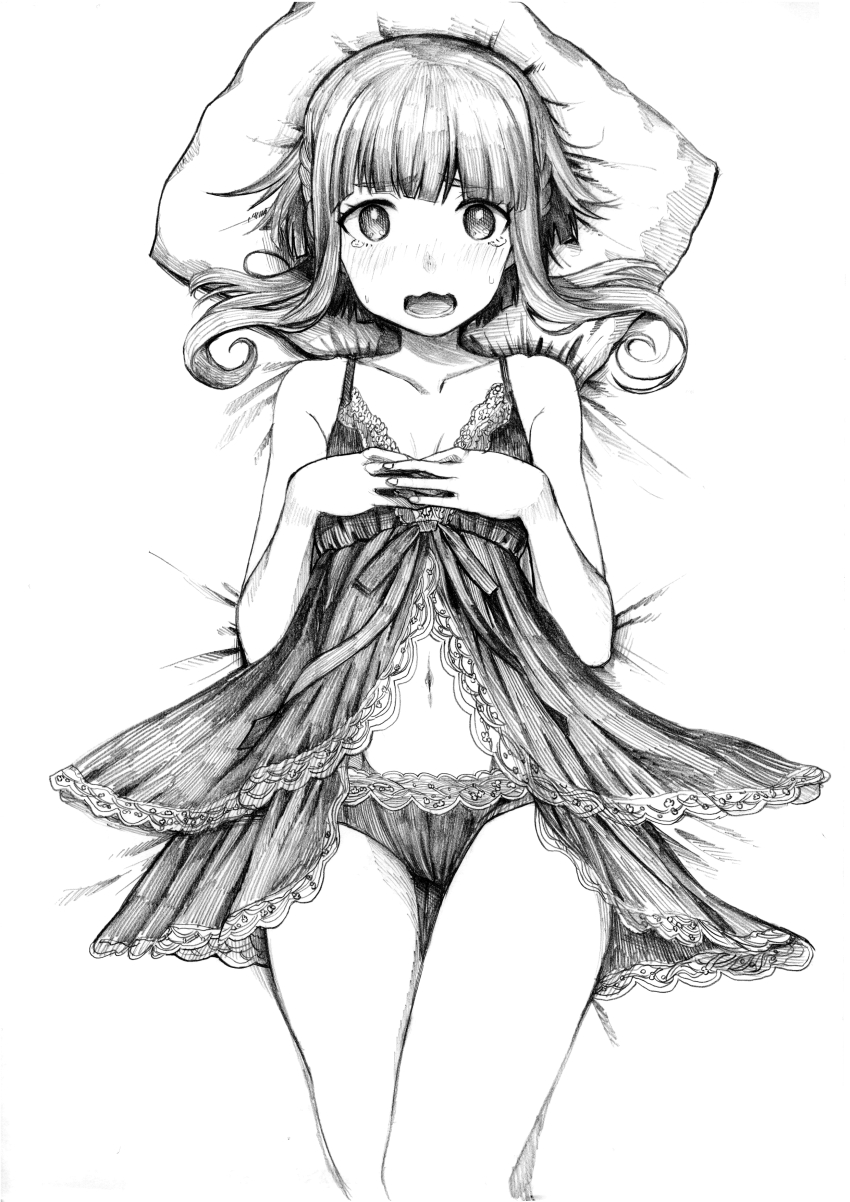 1girl absurdres alternate_costume babydoll breasts collarbone feet_out_of_frame greyscale hands_on_own_chest highres kantai_collection lying monochrome navel panties pillow short_hair short_hair_with_long_locks small_breasts solo takanami_(kancolle) thigh_gap tsuji_kazuho underwear wavy_mouth