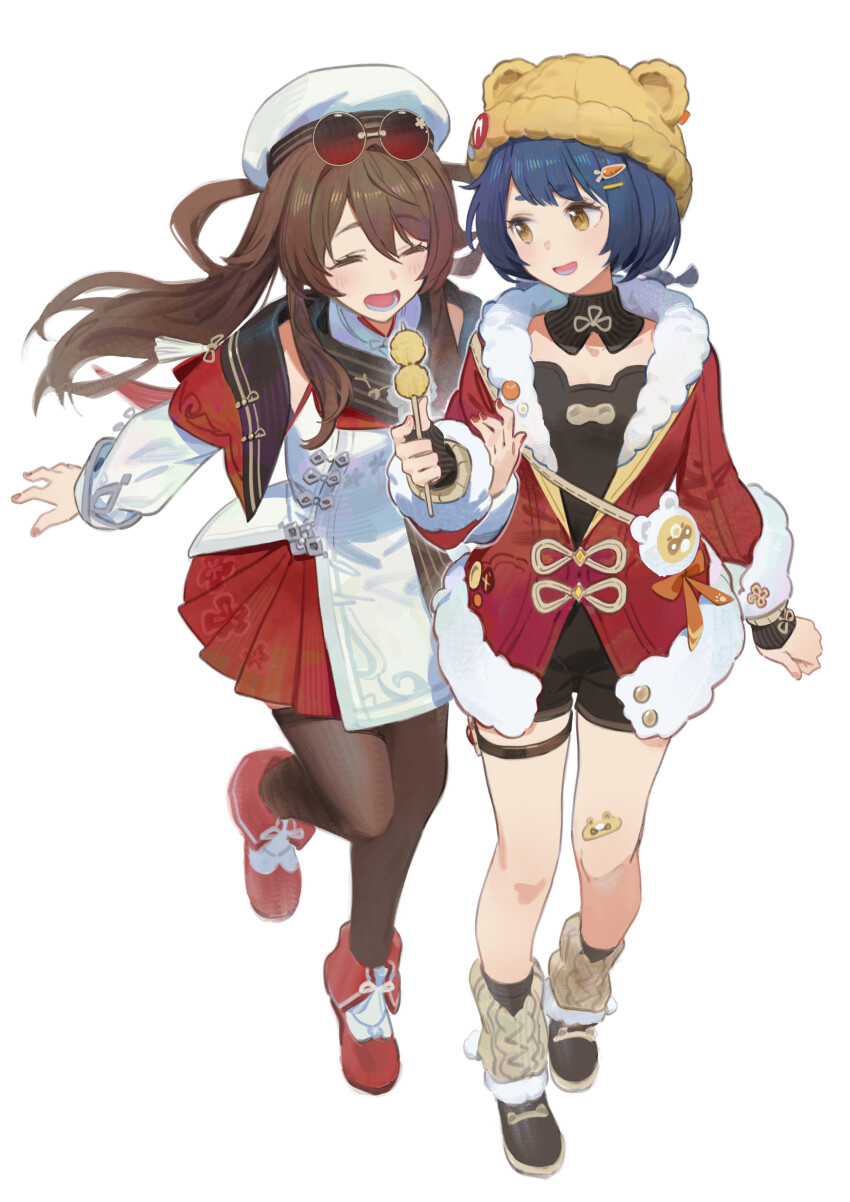 2girls absurdres bandaid bandaid_on_leg black_shoes black_socks blue_hair brown_hair brown_thighhighs closed_eyes ddal eyewear_on_head full_body genshin_impact hair_between_eyes hat highres hu_tao_(cherries_snow-laden)_(genshin_impact) hu_tao_(genshin_impact) knit_hat leg_warmers long_hair long_sleeves looking_at_another multiple_girls official_alternate_costume open_mouth red-tinted_eyewear red_nails red_shoes red_skirt round_eyewear shoes short_hair simple_background skirt smile socks sunglasses thighhighs tinted_eyewear white_background white_hat xiangling_(genshin_impact) xiangling_(new_year&#039;s_cheer)_(genshin_impact) yellow_eyes
