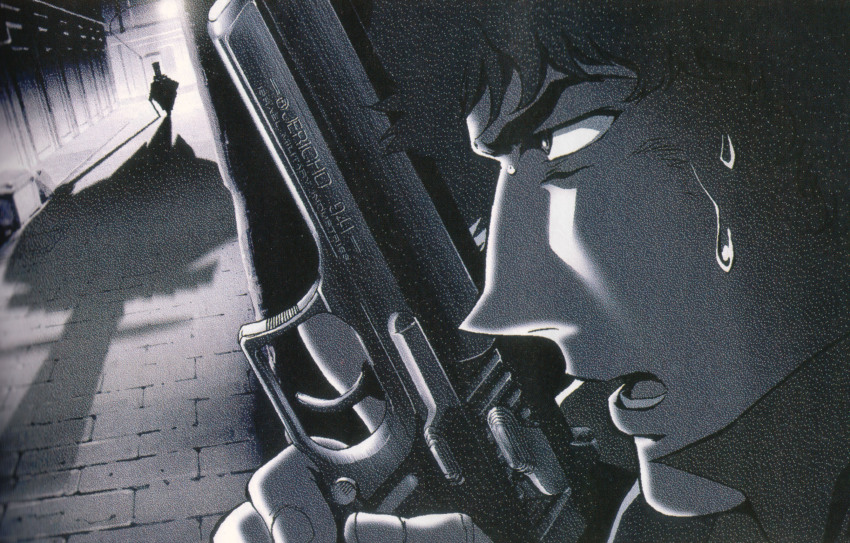 2boys cane cowboy_bebop greyscale gun handgun hat highres holding holding_gun holding_weapon iwi_jericho_941 light mad_pierrot male_focus monochrome multiple_boys nervous open_mouth scan shadow spike_spiegel sweatdrop teeth weapon
