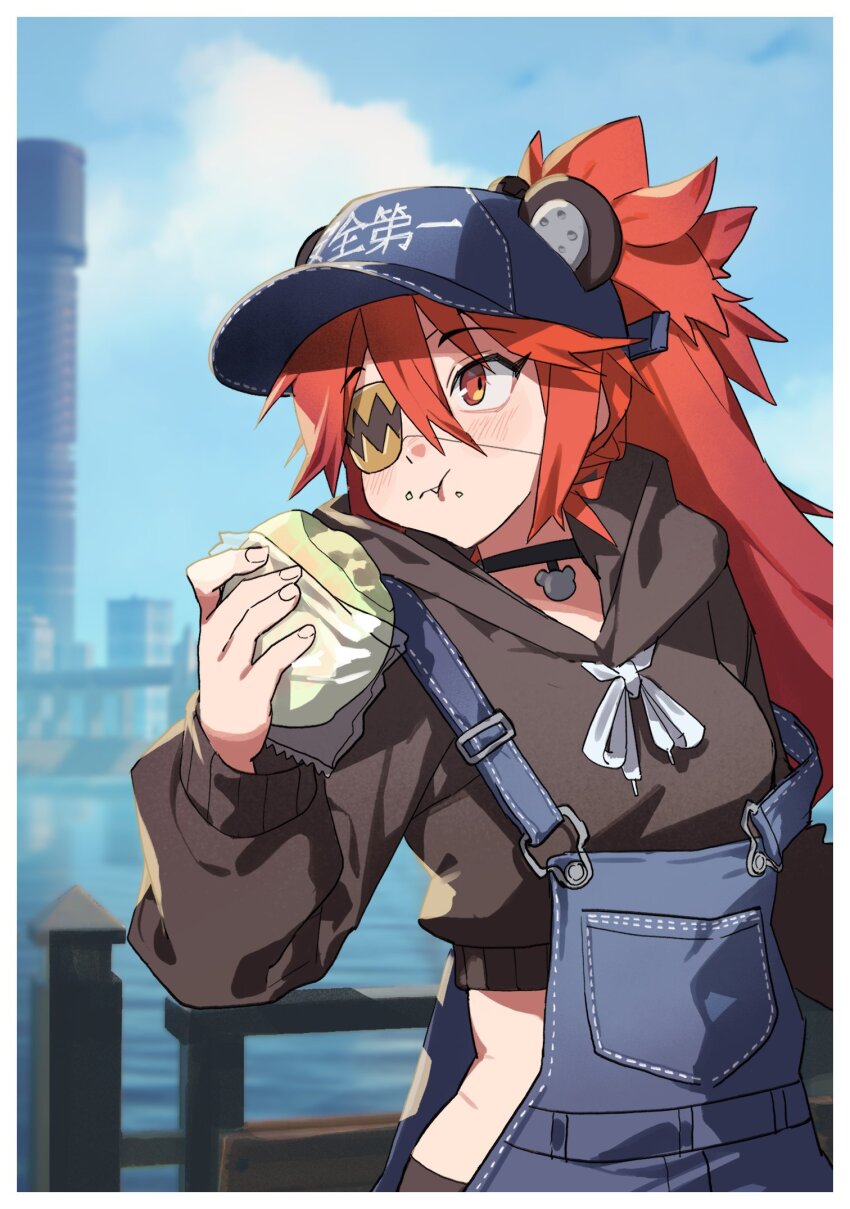 1girl :t alternate_costume animal_ears baseball_cap bear_ears black_choker blue_hat blue_overalls blue_sky blush border brown_hoodie choker city cloud cloudy_sky commentary cropped_hoodie ears_through_headwear eating eyepatch fake_animal_ears fang food food_on_face gachop99 hand_up hat highres holding holding_food hood hood_down hoodie koleda_belobog long_hair long_sleeves looking_to_the_side midriff_peek outdoors overalls red_eyes red_hair sky solo symbol-only_commentary water white_border zenless_zone_zero