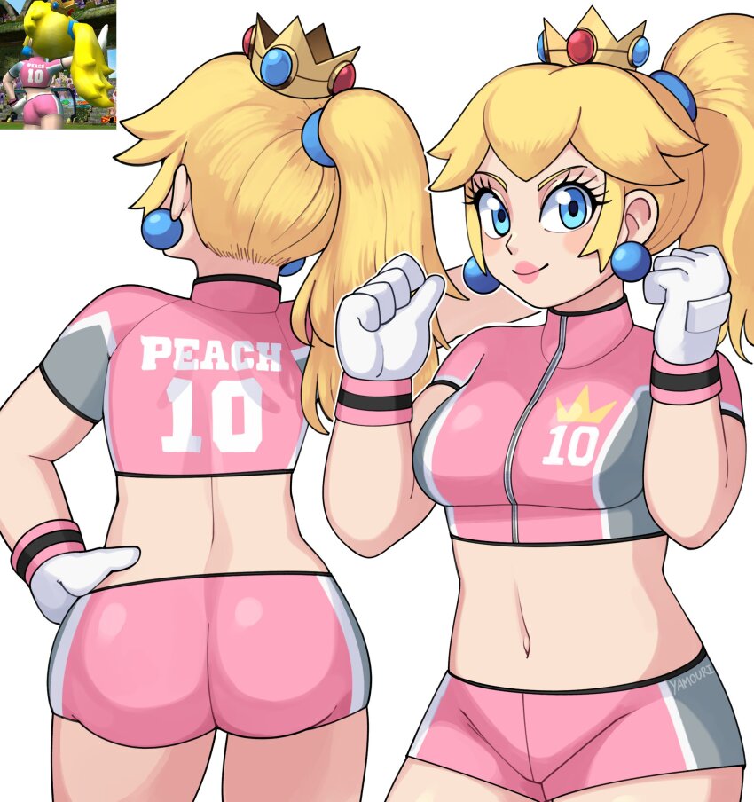 1girl artist_name ass back blonde_hair blue_eyes breasts clenched_hands crown earrings female_focus from_behind gloves hand_on_own_hip highres jewelry large_breasts long_hair looking_afar looking_at_viewer mario_(series) mario_strikers_(series) midriff multiple_views navel nintendo outstretched_arm pink_lips pink_shirt pink_shorts ponytail princess_peach shirt short_shorts short_sleeves shorts soccer_uniform sportswear standing super_mario_strikers thighs two-tone_shirt white_gloves yamouri