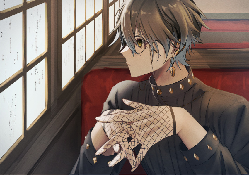 1boy black_gloves black_shirt blue_hair booth_seating brown_hair closed_mouth commentary_request earrings fishnet_gloves fishnets glasses gloves gold_earrings gradient_hair hair_between_eyes hands_up highres ike_eveland ike_eveland_(1st_costume) indoors jewelry long_sleeves looking_away looking_to_the_side male_focus multicolored_hair nijisanji nijisanji_en own_hands_together peridot_(periperi_8) profile semi-rimless_eyewear shirt short_hair single_earring sitting solo turtleneck under-rim_eyewear upper_body virtual_youtuber window yellow_eyes