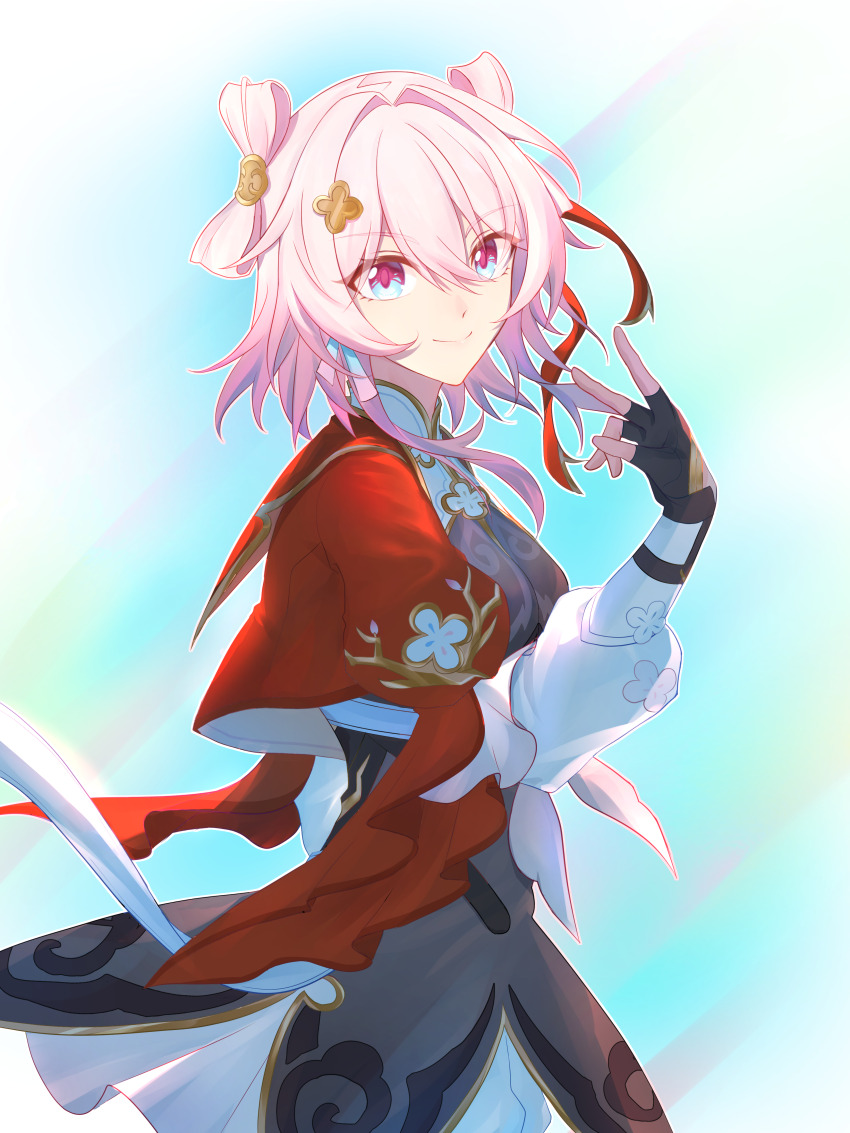 1girl absurdres black_dress black_gloves blue_background blue_eyes breasts chinese_clothes chinese_commentary chushi_right commentary_request cowboy_shot dress fingerless_gloves gloves hair_ornament hair_ribbon highres honkai:_star_rail honkai_(series) long_sleeves looking_at_viewer march_7th_(honkai:_star_rail) march_7th_(hunt)_(honkai:_star_rail) multicolored_eyes official_alternate_costume official_alternate_hairstyle pink_eyes pink_hair red_ribbon ribbon shuangyaji simple_background smile solo standing two-tone_eyes v