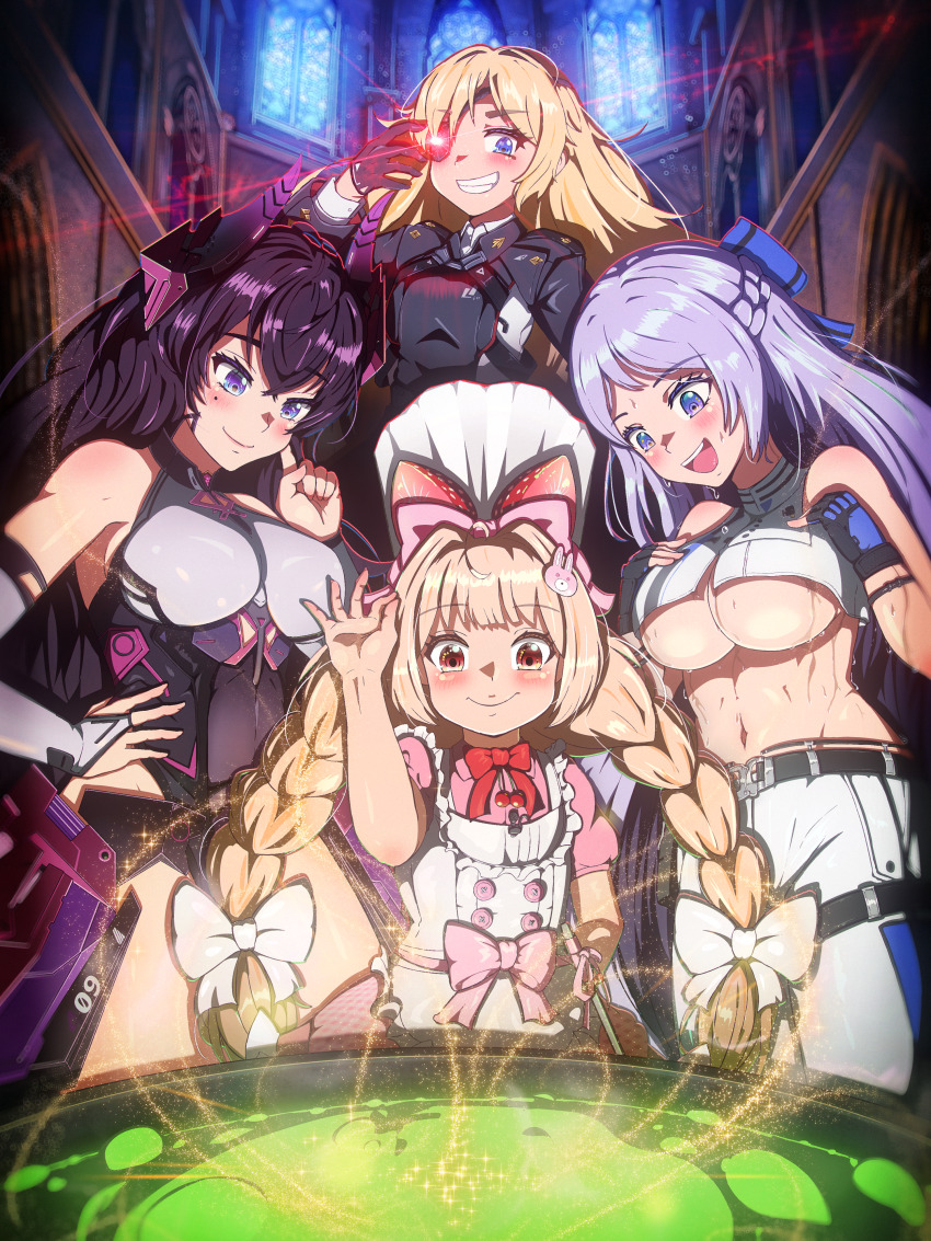 4girls absurdres apron armored_leotard bare_shoulders belt black_belt black_dress black_gloves black_leotard blonde_hair blue_bow blue_eyes blush bow braid breasts bridal_gauntlets cauldron chef_hat cherry church chuunibyou commentary_request crop_top crossed_bangs crust_(nikke) dashiziruangeal dress eyepatch fingerless_gloves flat_chest flat_top_chef_hat folkwang_(nikke) food food-themed_hair_ornament food_costume fruit gloves goddess_of_victory:_nikke grin guillotine_(nikke) hair_between_eyes hair_bow hair_ornament half_gloves hand_on_own_hip hand_over_eye hands_on_own_chest harran_(nikke) hat highres horns indoors large_breasts leotard long_hair mechanical_horns military_uniform mole mole_under_eye multiple_girls navel open_mouth pants pink_bow pink_dress purple_hair rabbit_hair_ornament red_eyes shirt short_sleeves sidelocks sleeveless sleeveless_shirt smile standing stomach strawberry strawberry_hair_ornament sweat teeth twin_braids two-tone_gloves underboob upper_teeth_only very_long_hair very_sweaty white_apron white_bow white_bridal_gauntlets white_pants white_shirt