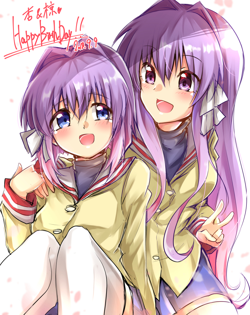2018 2girls :d absurdres arm_at_side blue_eyes blue_skirt blush bob_cut clannad commentary_request cowboy_shot dated eyes_visible_through_hair fujibayashi_kyou fujibayashi_ryou hair_between_eyes hair_intakes hair_ribbon hand_on_another&#039;s_shoulder hand_up happy happy_birthday highres jacket knees_together_feet_apart knees_up long_hair long_sleeves looking_at_another looking_at_viewer medium_hair miniskirt multiple_girls open_mouth purple_eyes purple_hair ribbon sailor_collar school_uniform shinonome_mozuku siblings sidelocks simple_background sisters sitting sketch skirt smile tears thighhighs twins v very_long_hair white_background white_ribbon white_sailor_collar white_thighhighs yellow_jacket zettai_ryouiki