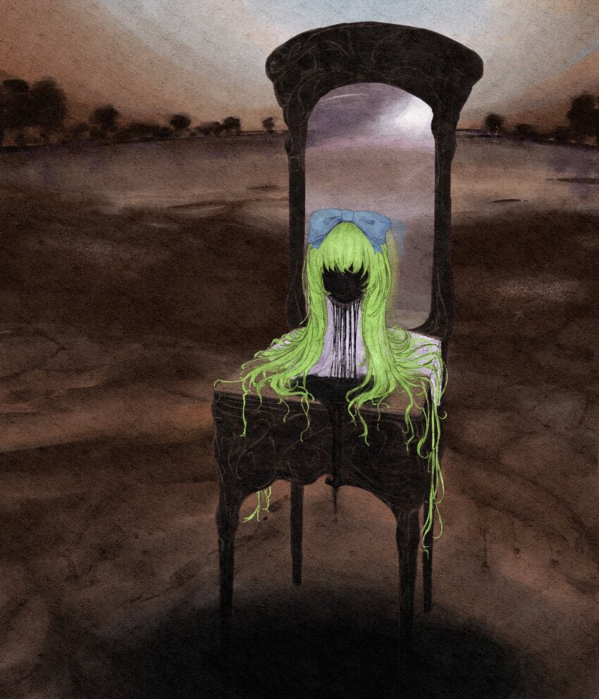 1girl alice_(black_souls) black_liquid black_souls blonde_hair blue_bow bow brown_theme chair covered_face disembodied_head fine_art_parody hair_bow highres long_hair mirror nuzu64335485 outdoors parody solo very_long_hair wide_shot