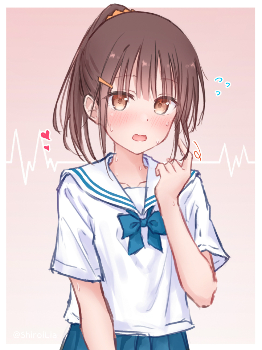1girl blue_bow blue_bowtie blue_skirt blush bow bowtie brown_eyes brown_hair collarbone hair_between_eyes hair_ornament hairclip heart highres kutatsu_(kutatsu7) long_hair looking_at_viewer open_mouth original pleated_skirt ponytail sailor_collar school_uniform serafuku shirt short_sleeves skirt solo sweat sweatdrop upper_body white_sailor_collar white_shirt