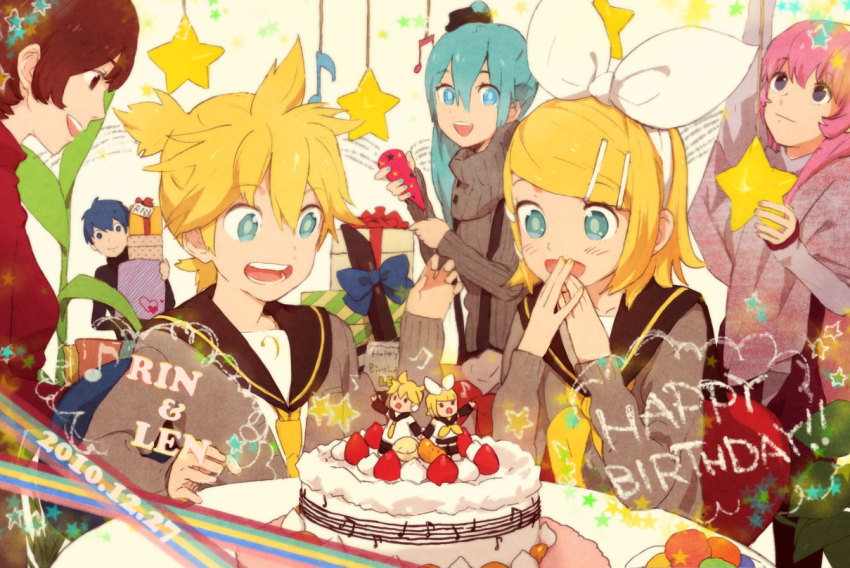 2boys 4girls aqua_eyes aqua_hair birthday blonde_hair blue_eyes blue_hair brother_and_sister brown_eyes brown_hair cake food fruit gift hair_ornament hair_ribbon hairclip happy_birthday hatsune_miku kagamine_len kagamine_rin kaito_(vocaloid) long_hair megurine_luka meiko_(vocaloid) mitosa multiple_boys multiple_girls open_mouth pastry pink_hair ribbon school_uniform serafuku short_hair siblings smile strawberry sweater twins twintails very_long_hair vocaloid