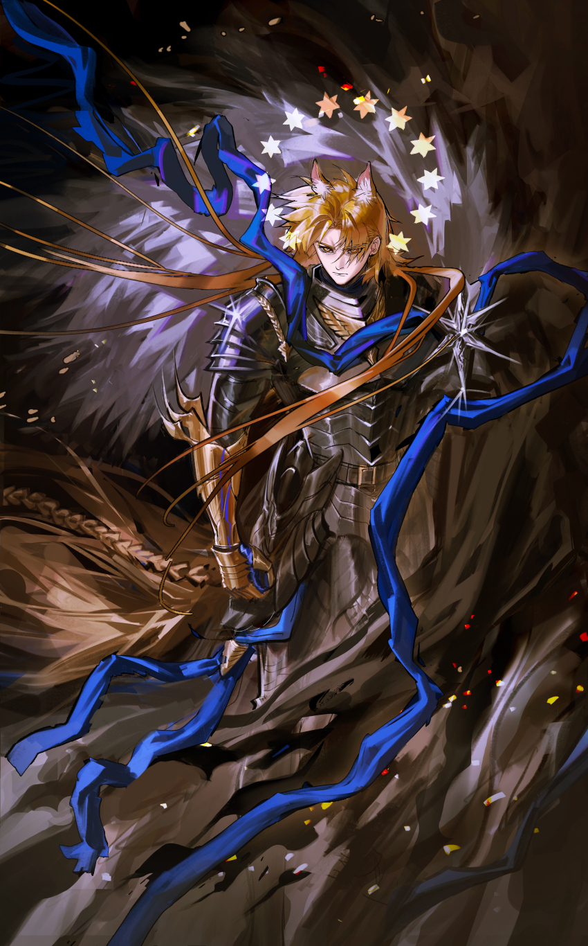 1boy absurdly_long_hair absurdres animal_ears arknights armor belt belt_buckle black_armor black_belt blonde_hair blue_scarf braid breastplate buckle chinese_commentary clawed_gauntlets closed_mouth commentary_request curtained_hair deerrenimo faulds floating_clothes highres long_hair looking_to_the_side male_focus mlynar_(arknights) pauldrons scarf shoulder_armor sideways_glance solo standing star_(symbol) very_long_hair yellow_eyes