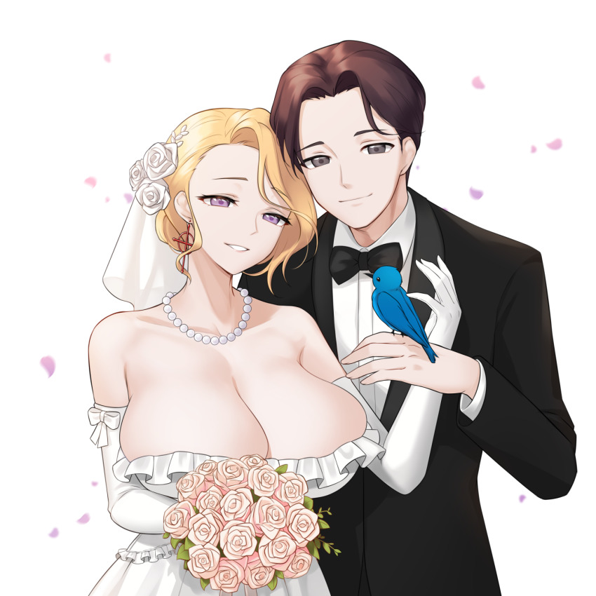 1boy 1girl amy_razor bad_id bad_pixiv_id bird blonde_hair bluebird bouquet bow bowtie breasts bridal_veil bride brown_hair cherry_blossoms cleavage commander_(last_origin) couple dress elbow_gloves flower gloves grey_eyes grin hair_bun hetero highres huge_breasts husband_and_wife jewelry kbn317 last_origin looking_at_viewer necklace pearl_necklace purple_eyes simple_background single_hair_bun smile tuxedo veil wedding_dress white_background white_gloves