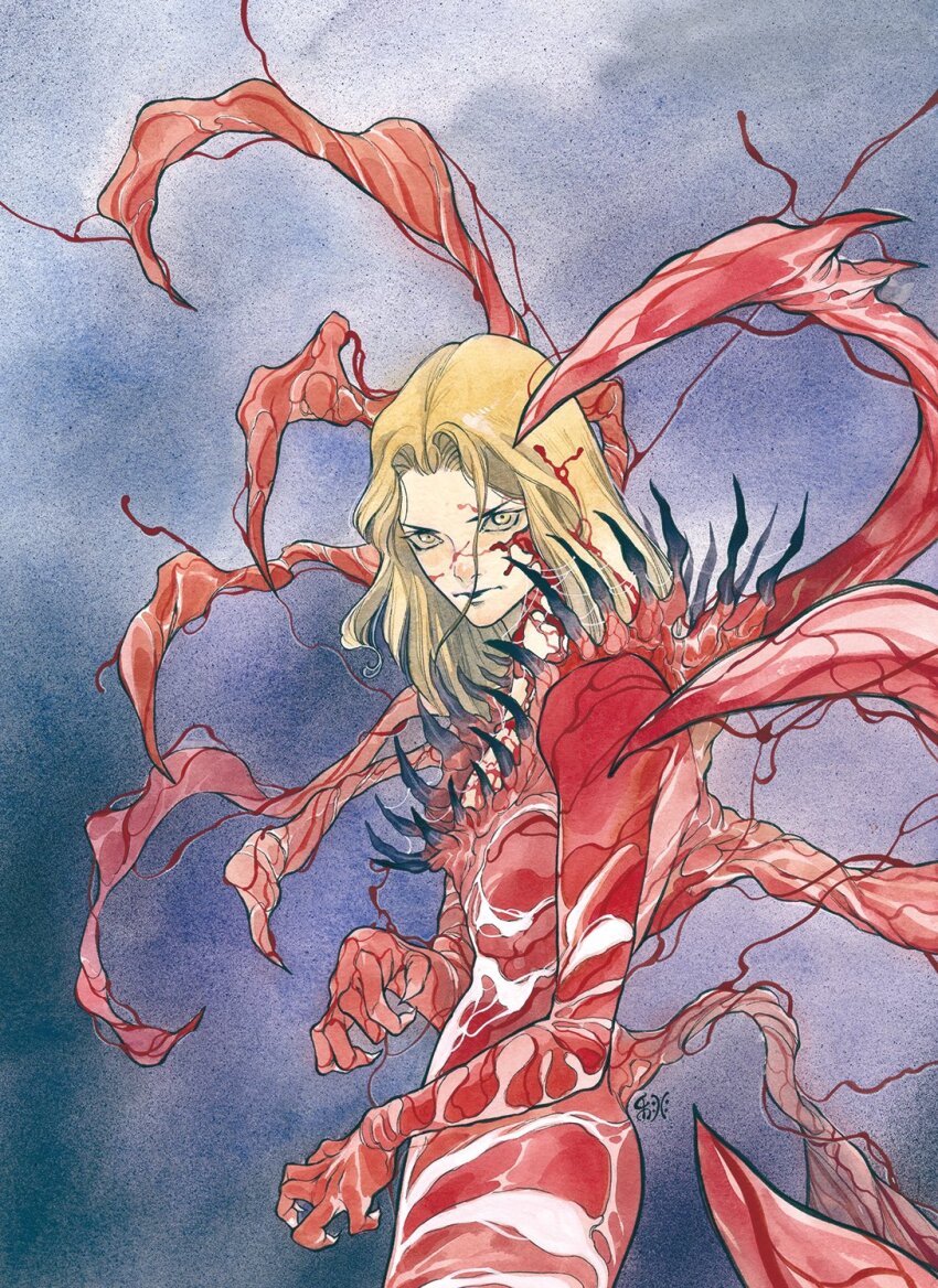 1girl blonde_hair blood blood_on_face highres liz_allan long_hair looking_at_viewer marvel misery_(marvel) peach_momoko solo