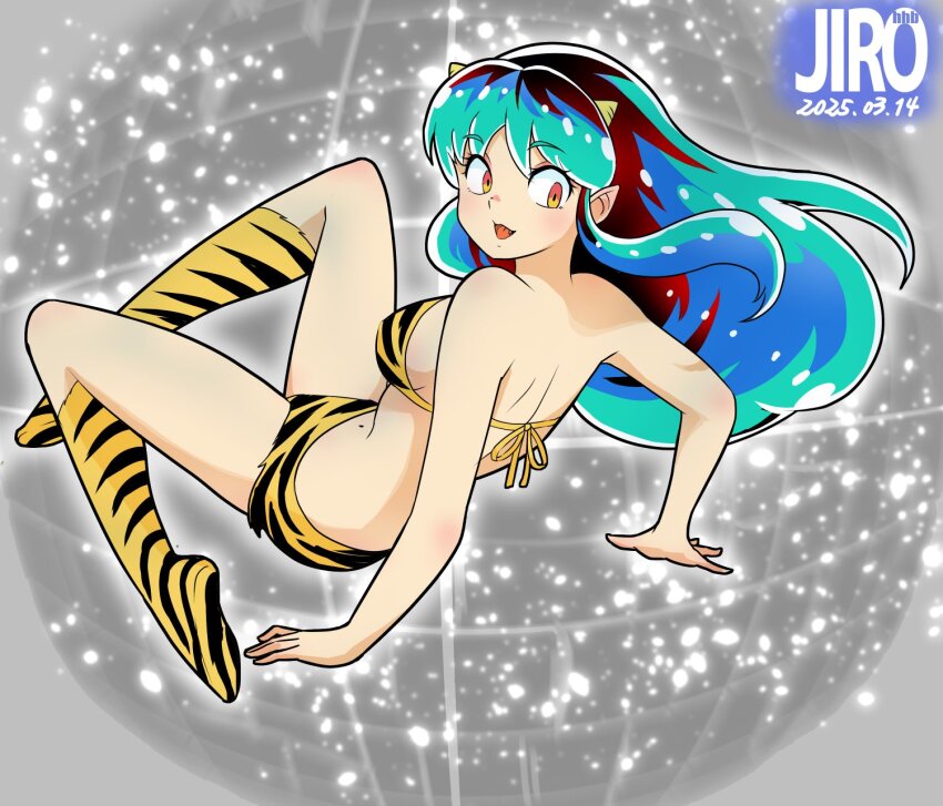 1girl animal_print artist_logo bikini boots breasts cone_horns dated floating_hair from_behind full_body green_hair highres horns jirohhb knee_boots logo long_hair looking_at_viewer looking_back lum orange_eyes pointy_ears print_bikini print_boots sidelocks solo swimsuit tiger_print urusei_yatsura