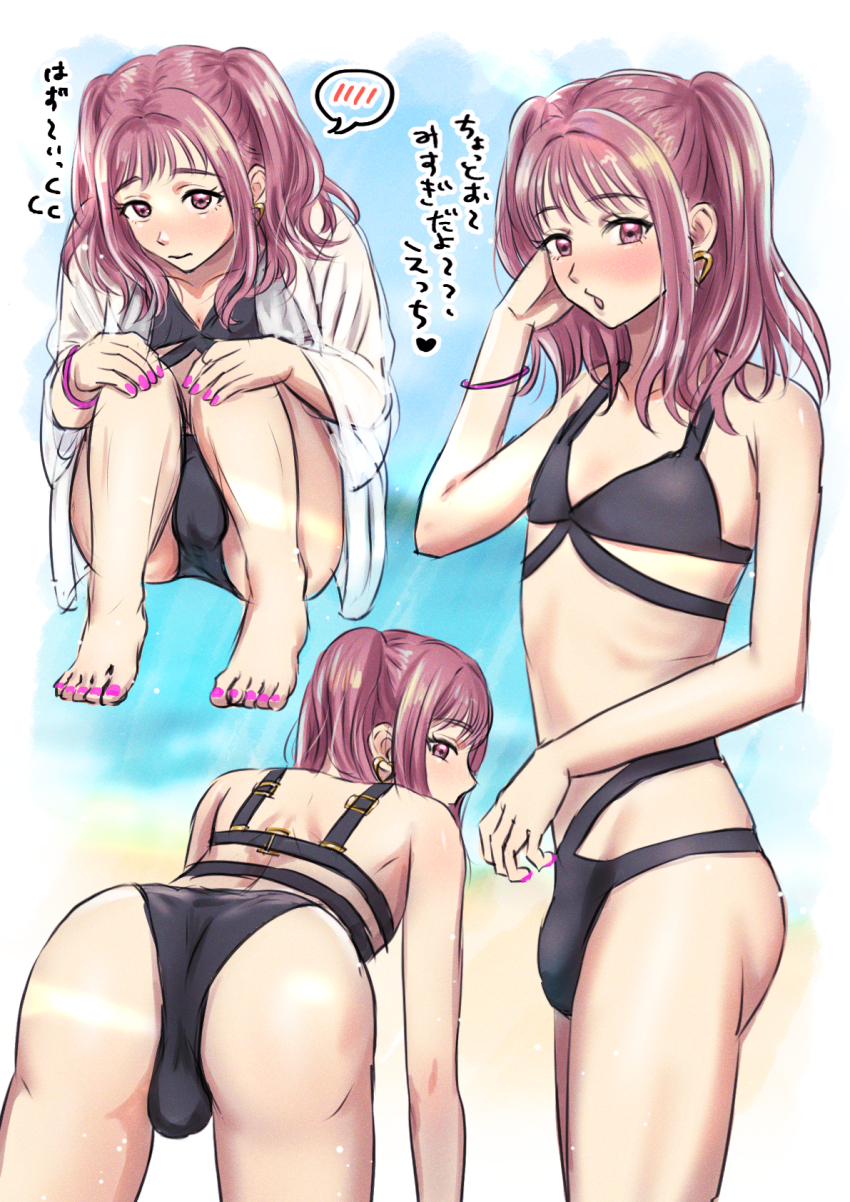 1boy all_fours bikini blush bow bracelet bulge earrings from_behind hands_on_own_knees heart heart_earrings highres jewelry knees_up long_hair looking_at_viewer looking_over_shoulder nail_polish open_mouth piko_(pixiv78243066) pink_eyes pink_hair shirt shirt_over_swimsuit smile squatting swimsuit translation_request trap twintails white_shirt