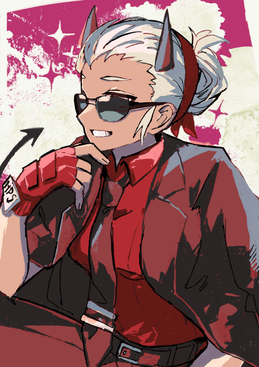 1girl absurdres black_pants collared_shirt demon_girl demon_horns demon_tail fingerless_gloves glasses gloves grin hair_bun helltaker highres horns justice_(helltaker) looking_at_viewer pants red_shirt shirt smile solo tail uninosono white_hair