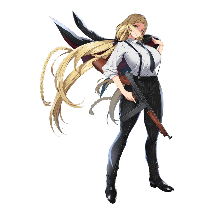 1girl black_bow black_jacket black_necktie black_pants blonde_hair bow braid breasts closed_mouth collared_shirt full_body gangster green_eyes gun hair_bow highres holding holding_unworn_clothes holding_gun holding_jacket holding_unworn_clothes holding_weapon huge_breasts jacket kloah last_origin legs_apart lips long_hair looking_at_viewer mafia necktie nymph_(last_origin) official_alternate_costume official_art oxfords pants pinstripe_jacket pinstripe_pants pinstripe_pattern shirt simple_background sleeves_rolled_up smile solo standing striped submachine_gun suspenders tachi-e taut_clothes taut_shirt third-party_source thompson_submachine_gun transparent_background unworn_jacket weapon white_shirt