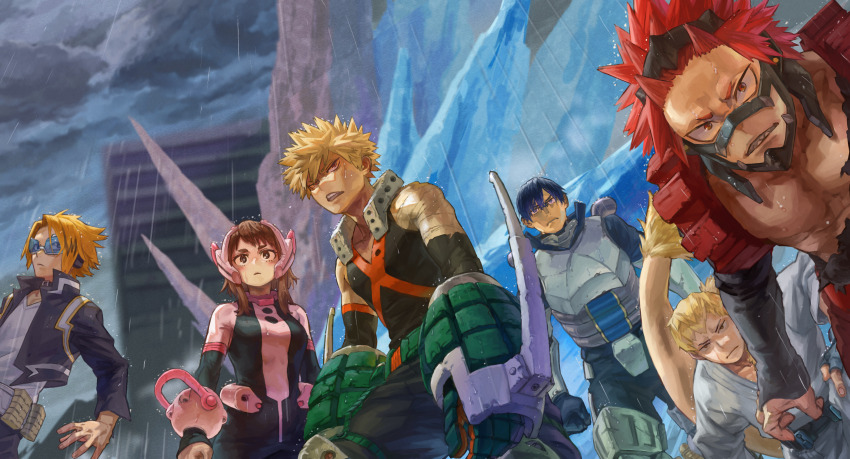 1girl 5boys absurdres armor bakugou_katsuki black_jacket black_pants black_tank_top blonde_hair blue_hair bodysuit boku_no_hero_academia brown_hair commentary_request dougi gauntlets goggles helmet highres ice iida_tenya jacket kaminari_denki kirishima_eijiro looking_at_viewer mask multiple_boys ojiro_mashirao pants pink_bodysuit rain red_hair shirt shoulder_armor superhero_costume tail tank_top uraraka_ochako white_shirt yomoyama_yotabanashi