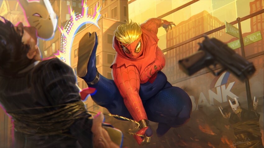 1boy 1girl 2023 absurdres blonde_hair blue_pants breasts building city cityscape emberwickart fat fat_woman formal_clothes gun highres kicking knockout marvel mask medium_breasts original pants red_mask red_suit restrained rope spider-man_(series) spider-verse suit weapon