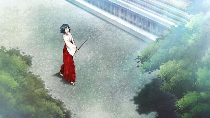 1boy androgynous black_hair bob_cut chihaya_(clothing) choker closed_eyes exhausted flat_chest from_above game_cg hair_ornament hairclip hakama hakama_skirt highres holding holding_sword holding_weapon huke japanese_clothes kosode leaf miko official_art open_mouth outdoors red_hakama ribbon_choker ribbon_trim sandals science_adventure shouting shrine skirt skull_hair_ornament socks solo steins;gate steins;gate:_linear_bounded_phenogram sword temple training tree urushibara_luka weapon white_socks wide_sleeves wooden_sword