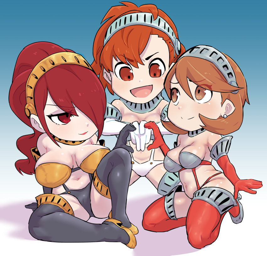 3girls absurdres armor bikini_armor breasts brown_eyes brown_hair chibi cleavage collar elbow_gloves gloves hair_over_one_eye heart heart_hands heart_hands_trio high-cut_armor_(persona) highres huge_breasts kirijou_mitsuru kneeling large_breasts metal_collar metal_hairband multiple_girls official_alternate_costume open_mouth persona persona_3 persona_3_portable red_eyes red_hair shiomi_kotone smile takeba_yukari thighhighs ukaya_masaru