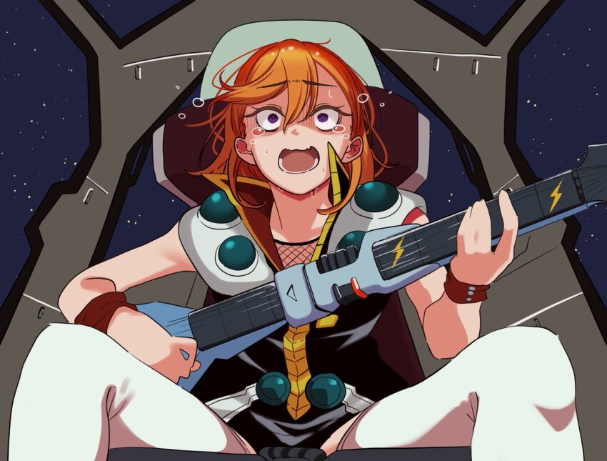 1girl birthday cockpit commentary cosplay crossover fishnets guitar holding holding_guitar holding_instrument instrument love_live! love_live!_superstar!! macross macross_7 medium_hair nekki_basara nekki_basara_(cosplay) orange_hair panicking playing_guitar playing_instrument po_0501 purple_eyes scared shibuya_kanon sitting solo space star_(sky) tears wristband