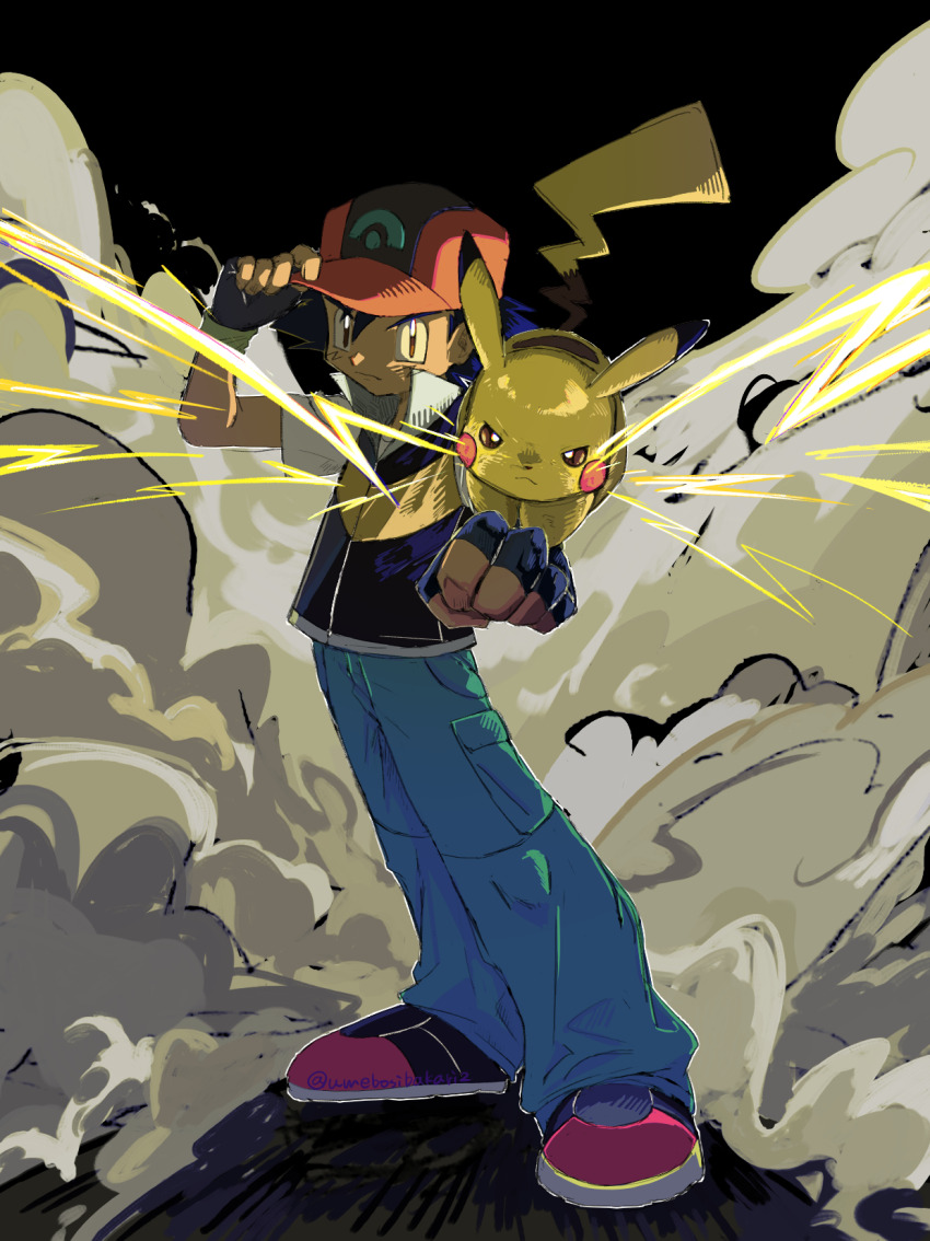 1boy ash_ketchum baseball_cap black_background black_gloves black_hair black_vest blue_pants clenched_hand closed_mouth commentary_request creatures_(company) dot_nose dust fingerless_gloves game_freak gen_1_pokemon gloves hand_on_headwear hat highres male_focus nintendo outstretched_arm pants pikachu pokemon pokemon_(anime) pokemon_(creature) pokemon_dppt_(anime) pokemon_on_arm red_hat shoes short_hair short_sleeves standing umebosibakari2 v-shaped_eyes vest