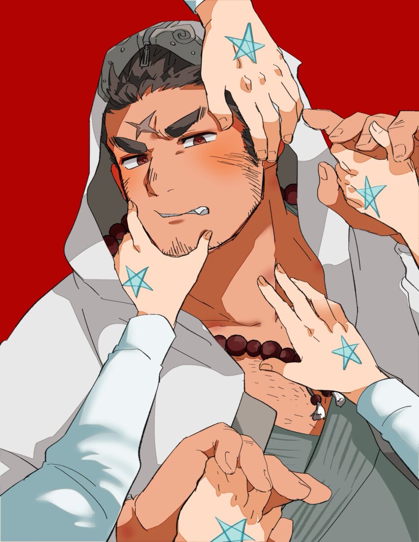 bara bead_necklace beads blush bone_color919 brown_hair cross_scar facial_hair fang goatee_stubble grey_kimono hand_on_another&#039;s_chest hand_on_another&#039;s_chin hand_on_another&#039;s_face hand_on_another&#039;s_hand hand_tattoo highres hood hood_up hooded_jacket houzouin_oniwaka jacket japanese_clothes jewelry kimono male_focus muscular muscular_male necklace out_of_frame pectoral_cleavage pectorals pov pov_hands protagonist_1_(housamo) protagonist_2_(housamo) protagonist_3_(housamo) protagonist_4_(housamo) protagonist_5_(housamo) red_background scar short_hair sideburns_stubble simple_background sparse_chest_hair star_(symbol) stubble tassel tattoo thick_eyebrows tokyo_houkago_summoners