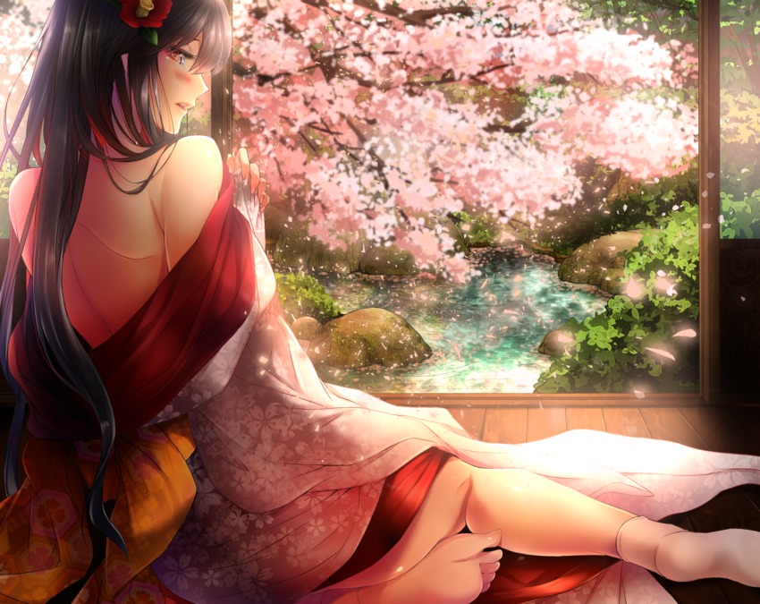 1girl alternate_costume bare_back barefoot black_hair blush cherry_blossoms fate/grand_order fate_(series) female_focus from_behind hatori_mia japanese_clothes kimono koha-ace long_hair looking_back oda_nobunaga_(fate) oda_nobunaga_(koha-ace) pond porch red_eyes solo