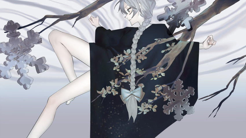 1girl abstract_background alternate_costume black_robe bow braid braided_ponytail branch floating foot_out_of_frame from_side grey_background grey_bow grey_eyes grey_hair hair_bow hair_over_shoulder highres knee_up long_hair looking_down mi8pq outstretched_arms outstretched_leg profile robe sekka_yufu snowflakes solo spread_arms utau