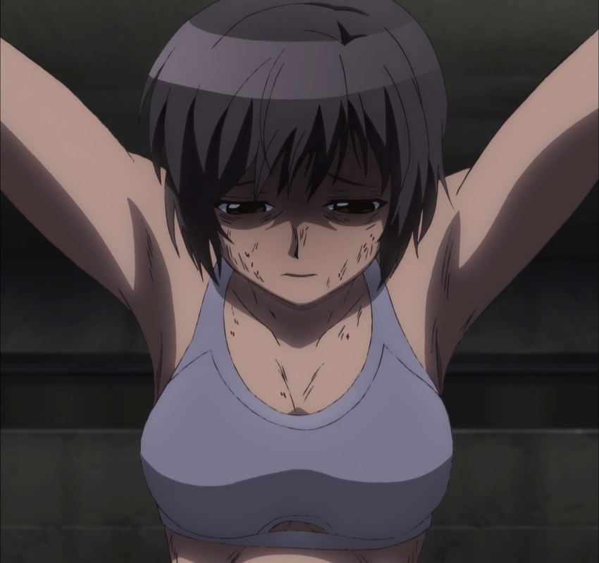 1girl armpits black_hair blood breasts brown_eyes bruise bruise_on_face cleavage clothing_cutout empty_eyes gagged highres indoors injury large_breasts mahou_shoujo_tokushusen_asuka makino_nozomi open_mouth short_hair solo sports_bra underboob underboob_cutout underwear