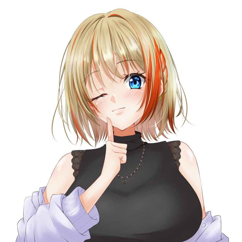 1girl absurdres black_shirt blue_eyes blush braid breasts closed_mouth earrings finger_to_own_chin grey_shirt highres index_finger_raised jewelry lace lace-trimmed_shirt lace_trim large_breasts light_brown_hair looking_at_viewer multicolored_hair multiple_earrings nanashi_inc. necklace oekaki_t722 official_alternate_costume one_eye_closed orange_hair shirt shirt_partially_removed short_hair simple_background sleeveless sleeveless_shirt smile solo touri_sei touri_sei_(2nd_costume) turtleneck two-tone_hair upper_body virtual_youtuber white_background