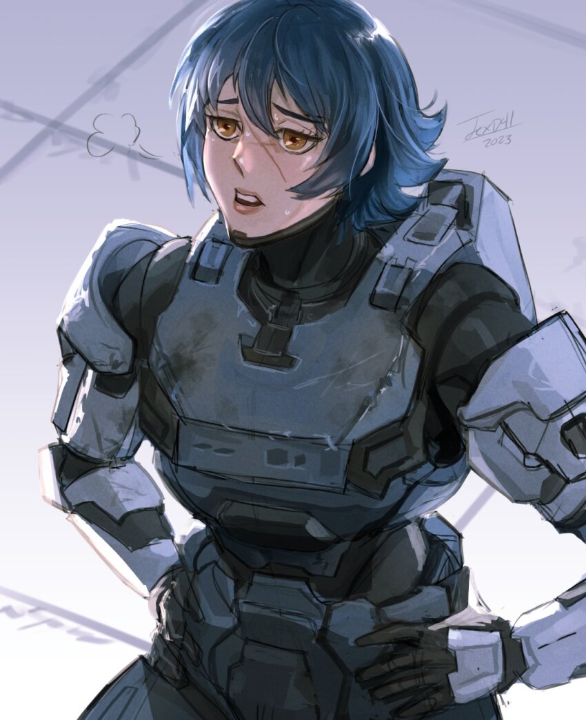 1girl 2023 armor artist_name blue_hair halo_(series) halo_infinite hands_on_own_hips highres lips no_headwear open_mouth orange_eyes original power_armor scar scar_across_eye scar_on_face solo space_marine spartan_(halo) teeth texd41 upper_body upper_teeth_only