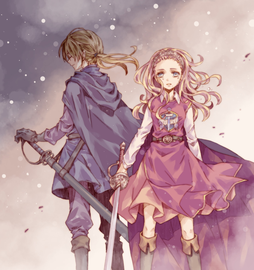 1boy 1girl anlucea black_gloves blonde_hair blue_cape blue_eyes blue_tunic boots brother_and_sister cape closed_eyes closed_mouth commentary_request crying crying_with_eyes_open dragon_quest dragon_quest_x dress floating_cape floating_hair gloves hair_pulled_back hairband hand_on_hilt highres holding holding_sword holding_weapon long_hair low_ponytail mole mole_under_mouth momomo_(athv7277) ponytail rapier red_cape siblings sword tears touma_(dq10) tunic two-sided_cape two-sided_fabric weapon