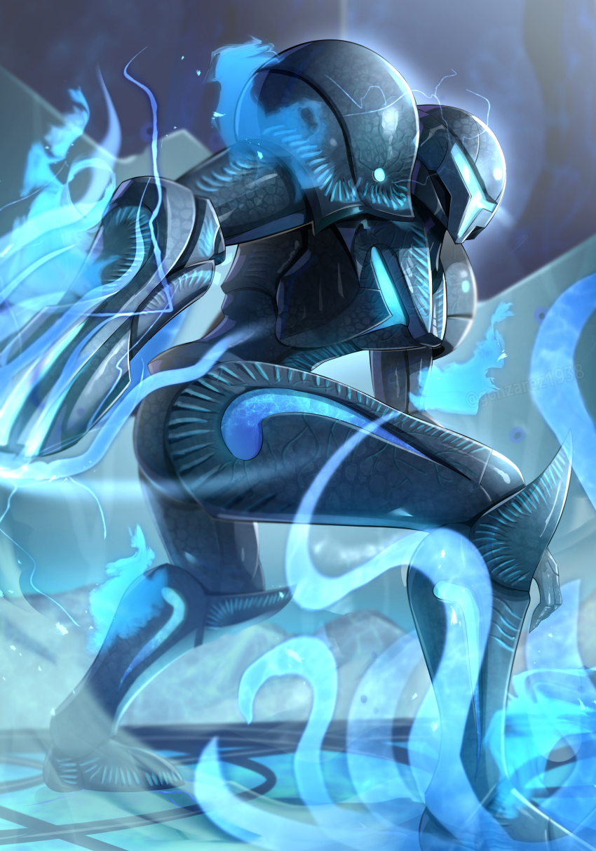 1girl absurdres arm_cannon armor cable commentary_request dark_samus electricity energy full_armor glowing glowing_eyes gonzarez helmet highres metroid metroid_prime metroid_prime_3:_corruption nintendo phazon power_armor power_suit science_fiction solo standing visor_(armor) weapon