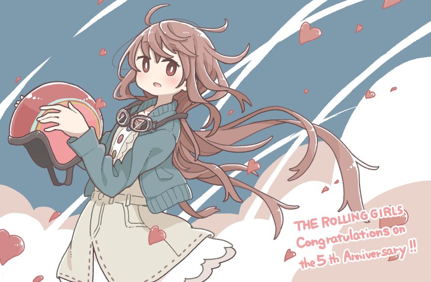 1girl absurdres anniversary blue_jacket brown_eyes brown_hair commentary_request copyright_name dress east_sha2 english_text goggles goggles_around_neck grey_dress unworn_headwear heart helmet unworn_helmet highres holding holding_helmet jacket long_hair long_sleeves looking_at_viewer moritomo_nozomi open_clothes open_jacket open_mouth solo the_rolling_girls