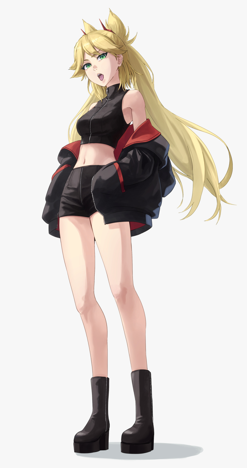 1girl absurdres bare_shoulders black_jacket blonde_hair boots breasts burn_the_witch collarbone female_focus full_body green_eyes hair_ornament hands_in_pockets highres jacket knee_boots long_hair mitarashi_(5333069) navel ninny_spangcole open_mouth simple_background small_breasts solo solo_focus standing white_background