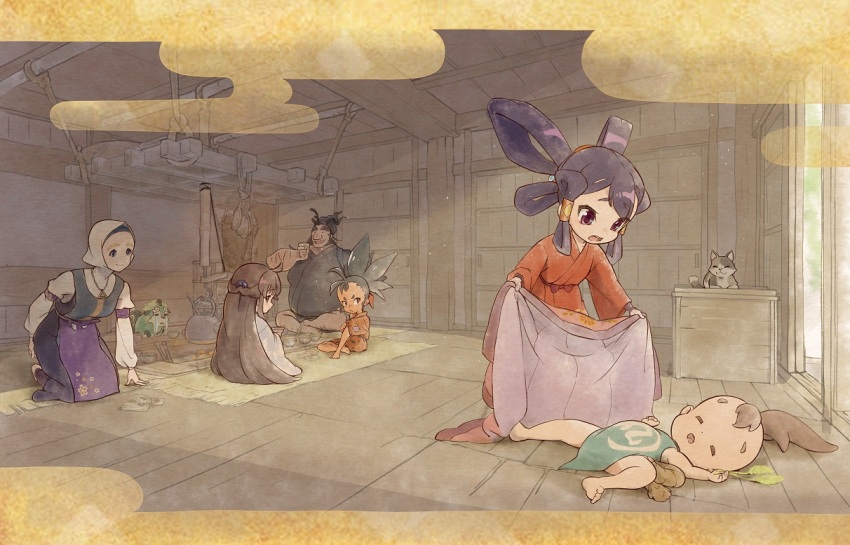 3boys 3girls artist_request cat indoors japanese_clothes kaimaru kettle kimono kinta_(tensui_no_sakuna-hime) komainu long_hair lying mizura multiple_boys multiple_girls myrthe official_art on_back red_kimono sakuna-hime sitting sleeping tama-jii tauemon tensui_no_sakuna-hime yui_(tensui_no_sakuna-hime)