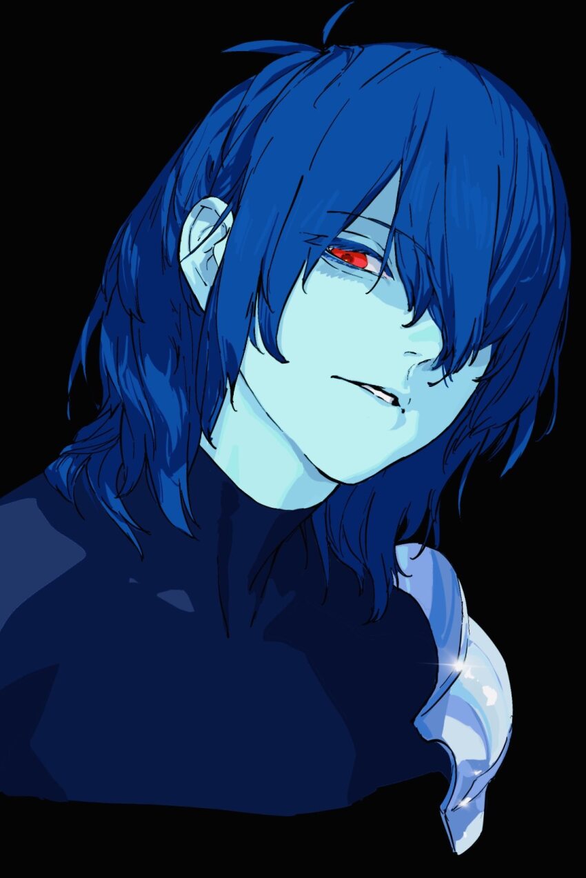 1other antenna_hair armor black_background blue_hair blue_skin colored_skin cropped_torso deltarune glint hair_over_one_eye highres kris_(dark_world)_(deltarune) kris_(deltarune) lantern_madoyoi looking_at_viewer one_eye_covered other_focus parted_lips pauldrons red_eyes short_hair shoulder_armor simple_background single_pauldron solo utdr_(toby_fox)