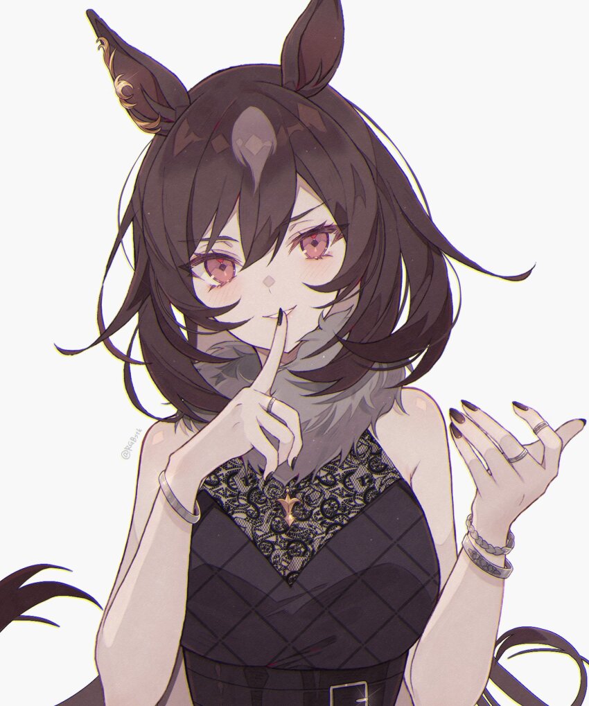 1girl animal_ears bad_id bad_twitter_id bare_shoulders belt bracelet brown_dress brown_hair brown_nails dress earrings finger_to_mouth fingernails fur_collar glint highres horse_ears jewelry long_hair looking_at_viewer multiple_rings nail_polish red_eyes ring satsuki_(miicat) shushing simple_background sirius_symboli_(umamusume) smile solo umamusume upper_body very_long_hair white_background
