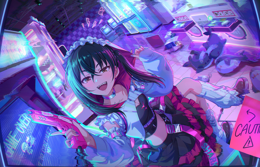 arcade black_hair breasts brown_eyes ceiling_light checkered_wall choker cleavage crossed_legs detached_sleeves distortion english_text game_cg gun holding hood idolmaster idolmaster_cinderella_girls idolmaster_cinderella_girls_starlight_stage lightning_bolt_symbol nail_polish navel neon_lights official_art open_mouth sharp_teeth skirt stuffed_toy sunazuka_akira teeth tile_floor tiles twintails weapon