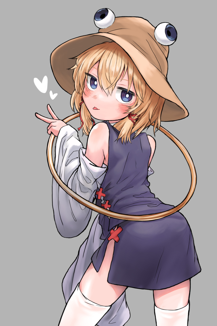 1girl absurdres ass bare_shoulders blonde_hair blue_eyes blush bright_pupils brown_hat closed_mouth detached_sleeves grey_background hair_between_eyes hair_ribbon hat heart highres looking_at_viewer miniskirt moriya&#039;s_iron_rings moriya_suwako neritch purple_skirt purple_vest red_ribbon ribbon ringed_eyes short_hair simple_background skirt smile solo thighhighs touhou tress_ribbon v vest white_pupils white_sleeves white_thighhighs wide_sleeves