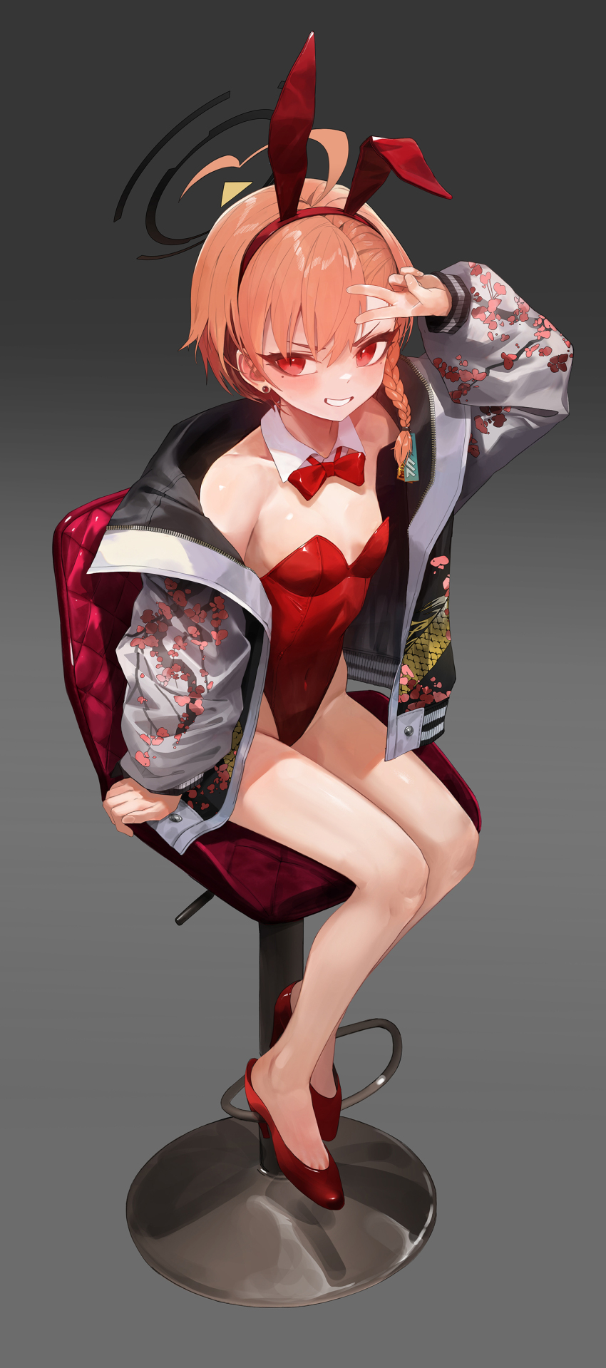 1girl absurdres animal_ears blue_archive bow bowtie chair collar fake_animal_ears high_heels highres jacket leotard mo_ne neru_(blue_archive) neru_(bunny)_(blue_archive) orange_hair playboy_bunny red_bow red_bowtie red_eyes red_leotard short_hair sitting solo sukajan thighs twitter v